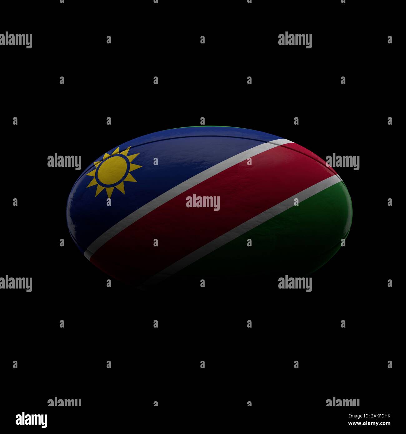 Namibia Flagge rugby ball auf schwarzem Hintergrund. 3D-Rendering Stockfoto