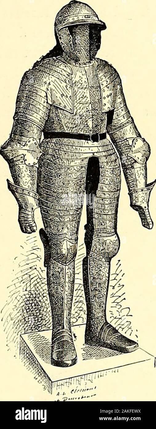 Gazette des beaux-arts. . E de Forge, privatem comme un de spécimen laperfection à laquelle cette époque poussé avait la Gravure à la Pointe.Des séries de Sujets tracés avec la plus extrême Finesse représententla conquête des Flandres, pries De Villes, batailles, chasses. La prisede Lille forme Le principal Motiv et sétale au Milieu du Plastron. Surune des lames de la braconnière garnie, comme Toutes les pièces dail-Leurs, de Clous dorés dont les Temple sind ciselées en fleurs de lis, an. lit la Signature du Maître qui a exécuté ce harnois Royal, dontlacier Au Clair na dautre ornement Que Son re Stockfoto