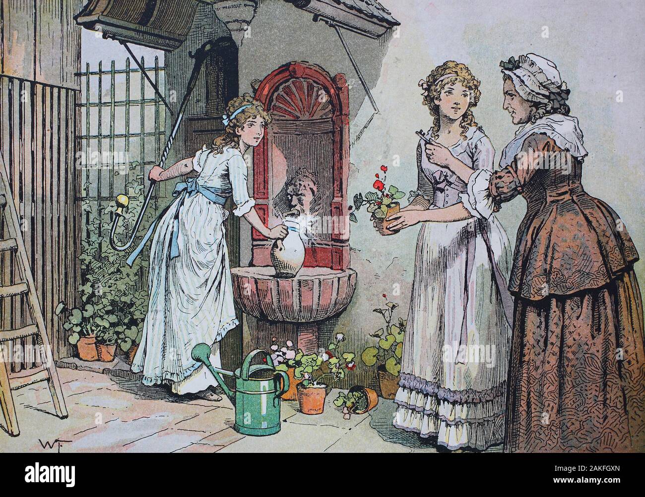 Herzogin Luise von Mecklenburg-Strelitz, Luise Auguste Wilhelmine Amalie, 1776 - 1810, Königin von Preußen, Königin Luise von Preussen zusammen mit Friederike im Haus Goethe in Frankfurt, 1790/Herzogin Luise von Mecklenburg-Strelitz, Luise Auguste Wilhelmine Amalie, 1776 - 1810, Königin von Preußen, Königin Luise von Preussen zusammen mit Friederike im Frankfurter Haus Goethe, 1790, digital verbesserte Reproduktion einer Vorlage aus dem 19. Jahrhundert/digitale Reproduktion einer Originalvorlage aus dem 19. Jahrhundert Stockfoto