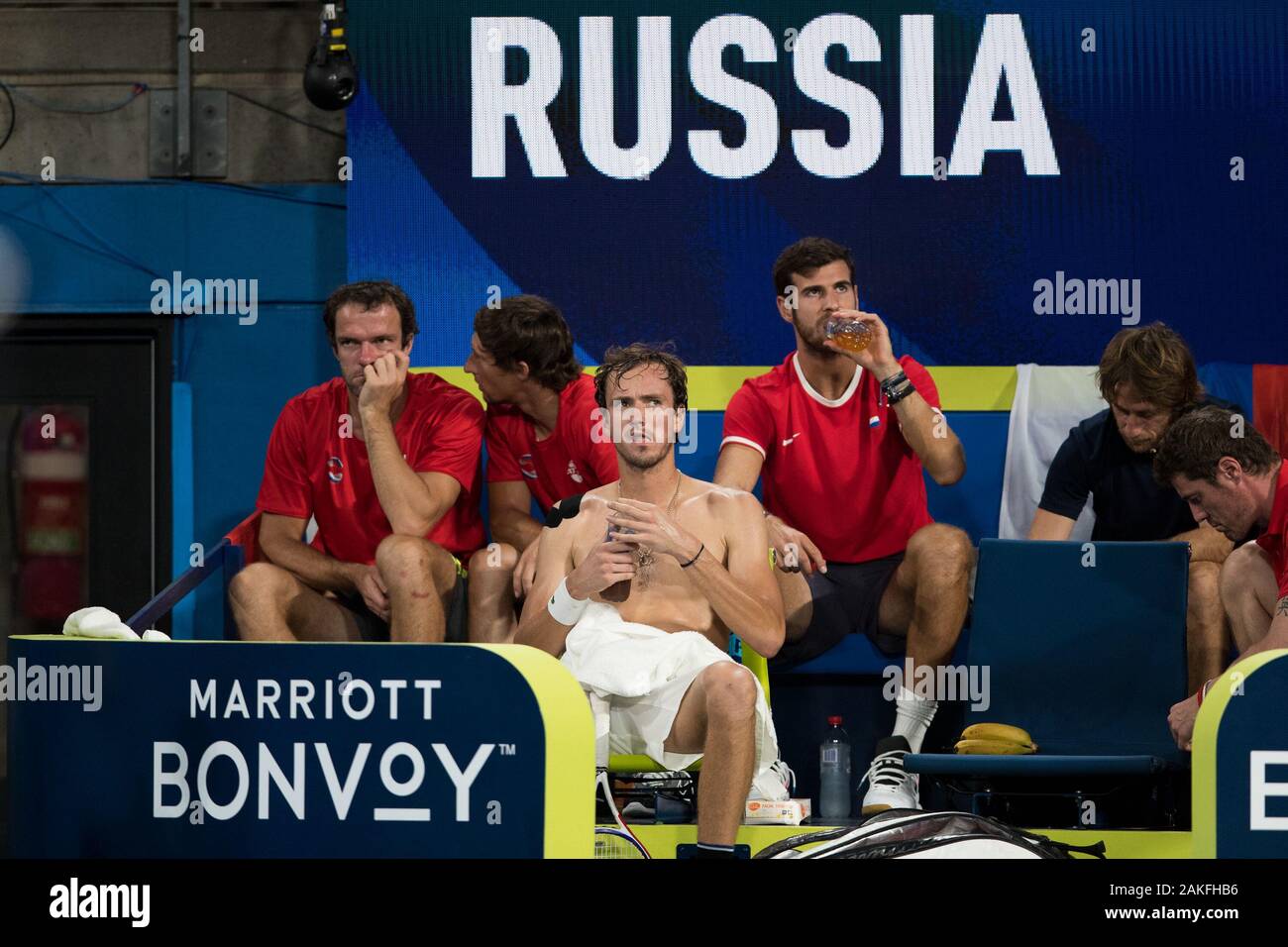 Sydney, Australien. 09 Jan, 2020. Daniil Medwedew Russlands in der russischen Mannschaft bei der 2020 ATP-Finale acht an der Ken Rosewall Arena, Sydney, Australien, am 9. Januar 2020. Foto von Peter Dovgan. Credit: UK Sport Pics Ltd/Alamy leben Nachrichten Stockfoto
