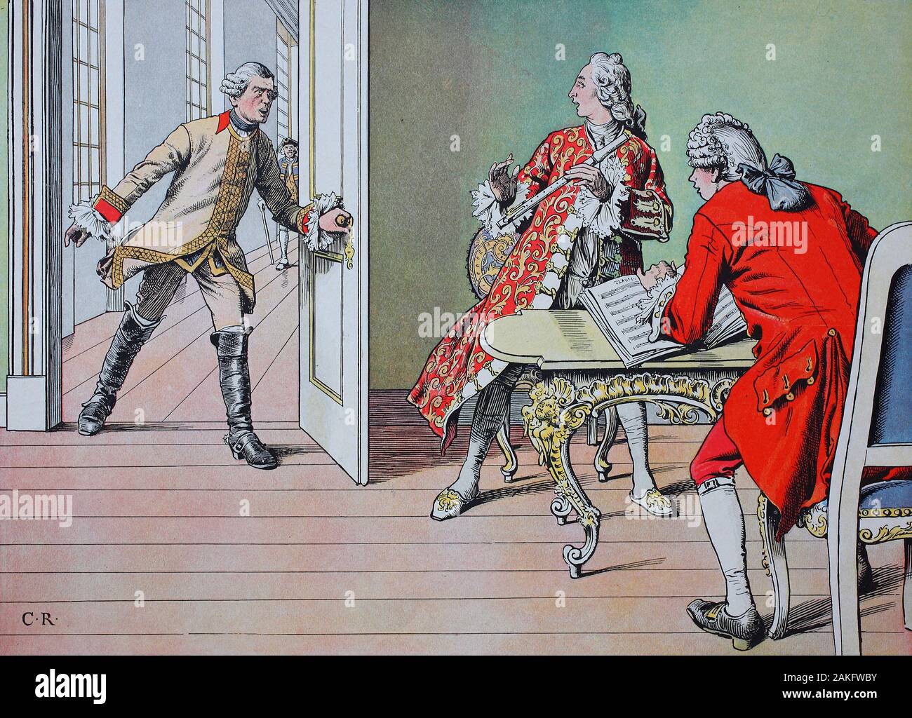 König Friedrich der Große, Friedrich II., Friedrich der Große, Friedrich II. 1712 - 1786 In seiner jungen Zeiten mit dem Musiklehrer Quantz, 1729/König Friedrich der Große, Friedrich II., Friedrich der Große, Friedrich II. 1712 - 1786 in jungen Jahren beim Musiklehrer Quantz, 1729, digital verbesserte Reproduktion einer Vorlage aus dem 19. Jahrhundert/digitale Reproduktion einer Originalvorlage aus dem 19. Jahrhundert Stockfoto