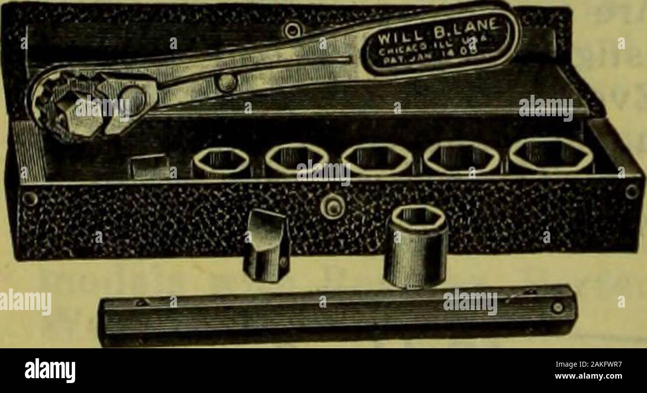 Hardware merchandising September-dezember 1919. LANESJHANDY AUTO RATCHET TOOLS. FORD SET enthält - 1 Griff, 7 Zoll lang, 2 Schraubendreher Bits; 1 Verlängerung, 6 Zoll lang, 6 Steckdosen alle mutternund Schraubenköpfe an Ford Autos, einschließlich: Diezylinderkopfschrauben zu passen. In starken Leder - ette Stellen. Gewicht, 22 Unzen. Stockfoto