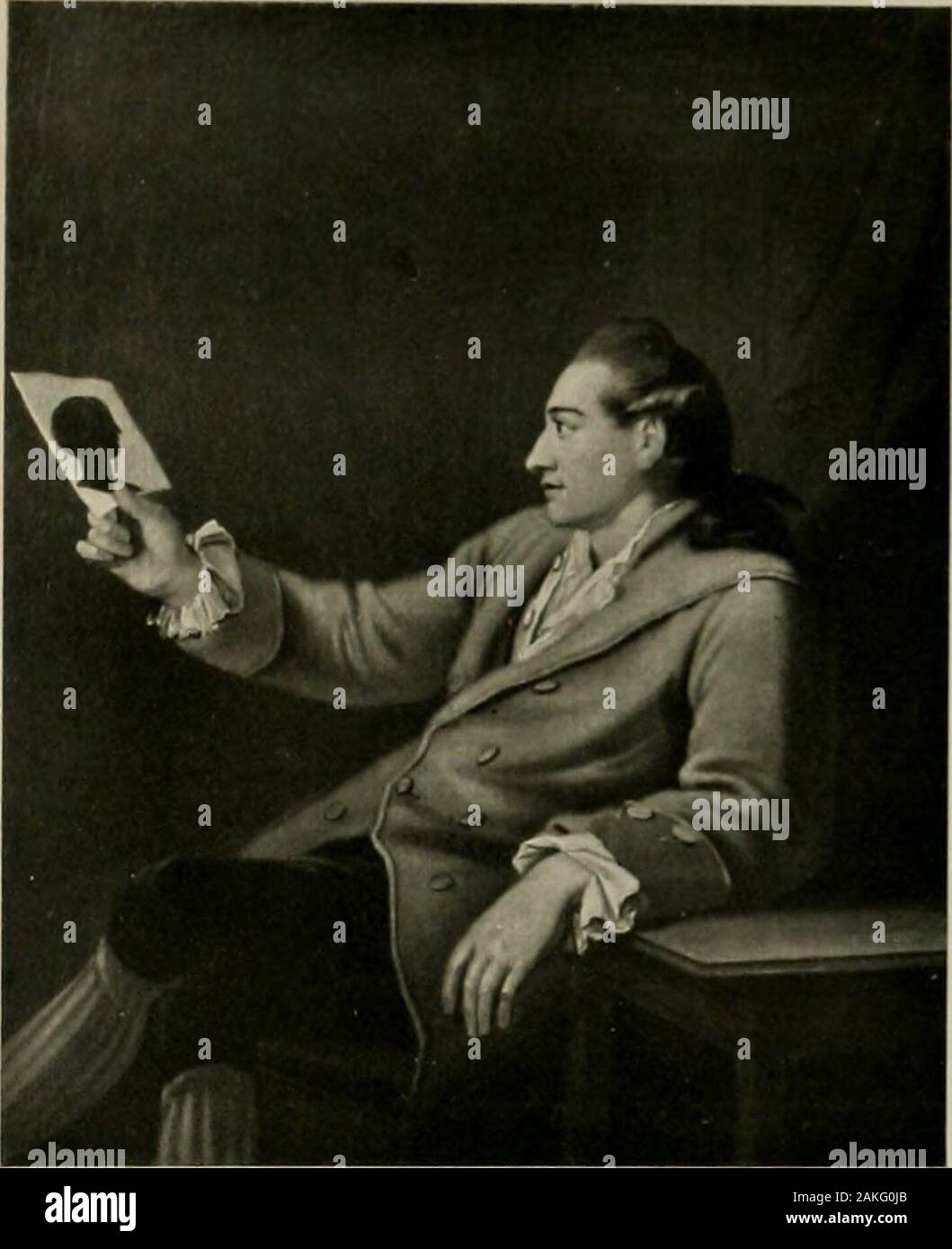 Deutsches Barock und Rokoko: herausgegeben im Anschluss die Jahrhundert-Ausstellung deutscher Kunst 1650-1800, Darmstadt, 1914. 1297 DORA LAGER. 1295. Minna Körner. 1296. Dr. Ch. F. Körner. Stadtmuseum, Dresden 1297. ANTON ORAFF. Herrenbildnis. A. Bohny-Collin, Basel 728 SILHOUETTEN. 1298. GEORG MELCHIOR KRAUS. Goethe, der seine Silhouette betrachtend. Leinwand, h. 0,485, Br. 11,411 Sanitälsral Dr. W. Vulpius, Weimar 93 731 Stockfoto
