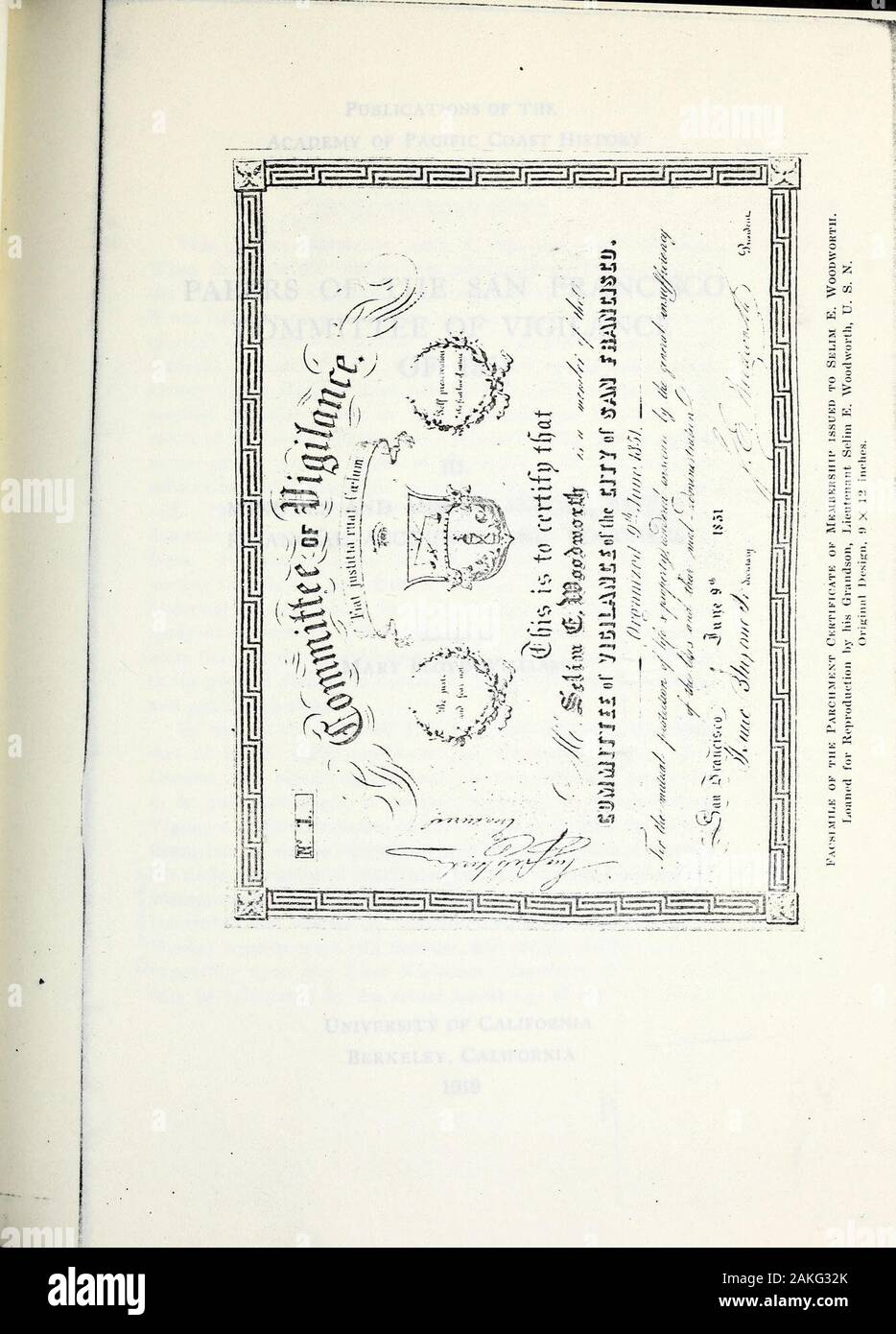 Veröffentlichungen der Akademie der Pazifischen Küste Geschichte. Durch das Internet Archivein 2013 Archive.org/details/publicationsofac41 acad Veröffentlichungen von theAcademy der Pazifischen Küste HistoryVolume 4 PAPIERE DES SAN FRANCISCOCOMMITTEE von VIGILANCEOF 1851 digitalisiert. Minuten UND VERSCHIEDENE PAPERSFINANCIAL KONTEN UND BELEGE Bearbeitet von Maria Floyd Williams von der Universität von CaliforniaBerkeley, Kalifornien 1919 Einleitende Bemerkung Der volume Stellt Jahre der Hoffnung und Jahre Arbeit. Wenn die Bancroft Library wurde durch die Regenten der Universität von Kalifornien erworben und 1906 zu Berkeley vermittelt, es Stockfoto