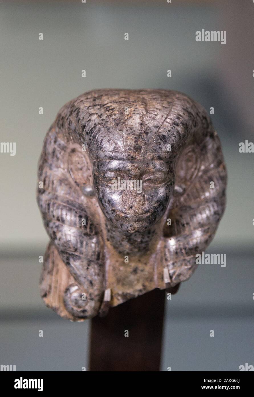 Eröffnungsbesuch der Ausstellung 'Sésostris III, pharaon de légende', Lille, Frankreich. Kopf einer Königin als Sphinx, Gneis. Stockfoto