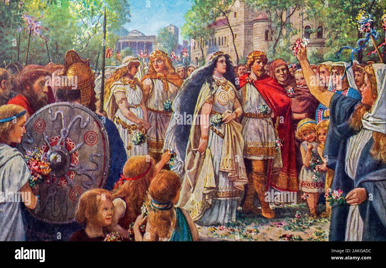 Alte deutsche Ansichtskarte zeigt die Malerei wie Siegfried, Kriemhild und Brunhild Gunther mit Hochzeit machte Stockfoto