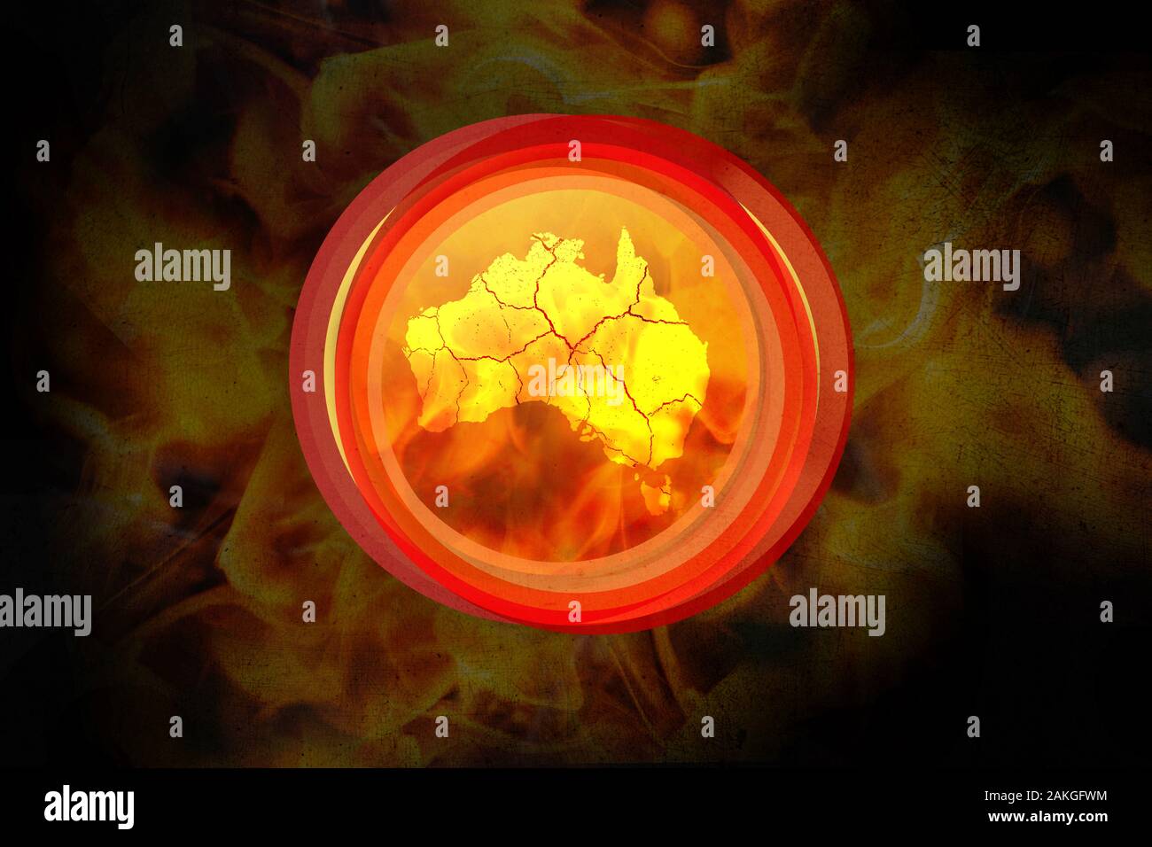 Karte von Australien mit dem Rissige Erde über übereinander geschichtet. Mit Flammen und Rauch brennen des Landes. Ein Klimawandel, Bush fire Konzept. Stockfoto