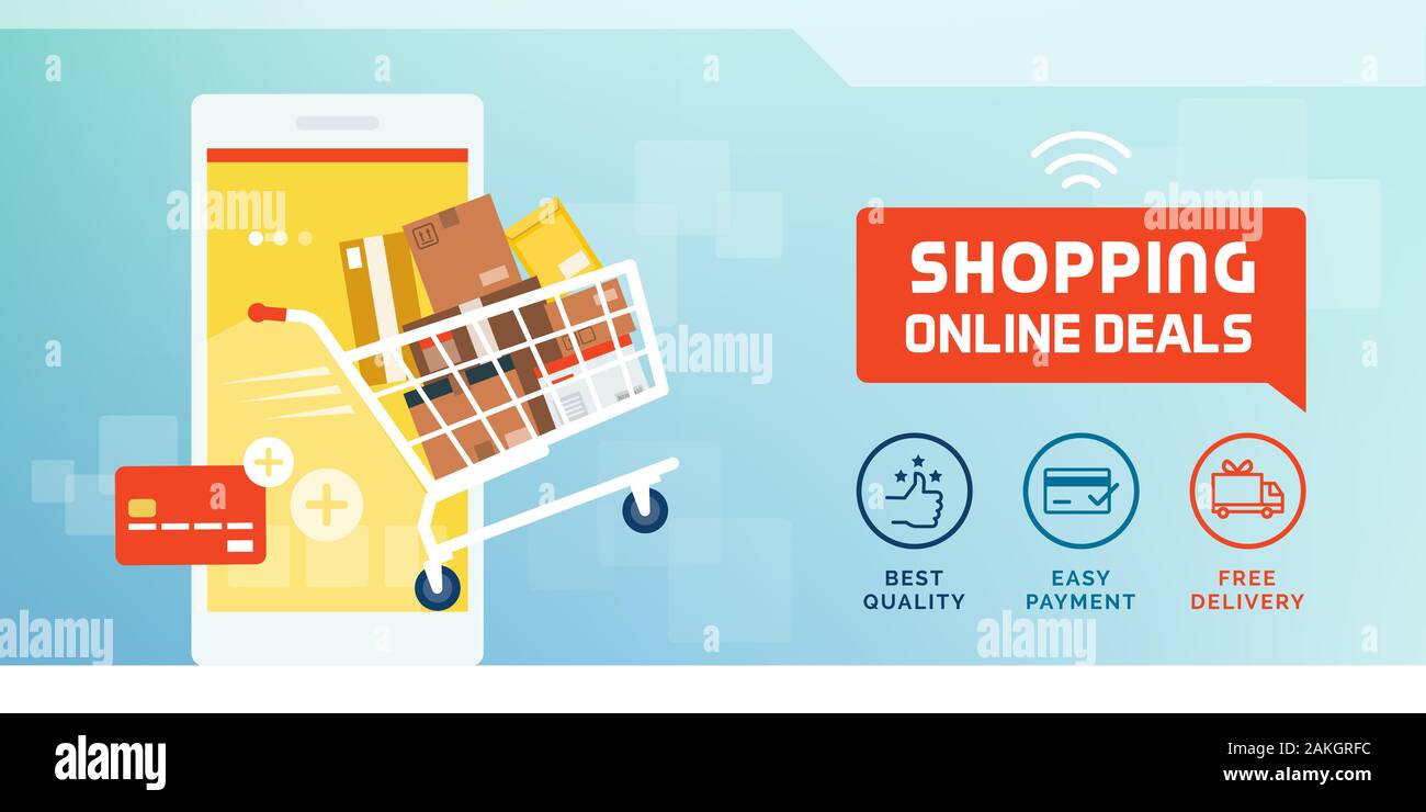 Online Shopping und Lieferung Werbemittel verkauf Banner mit Warenkorb voller Lieferkartons, Smartphone und Kreditkarte Stock Vektor