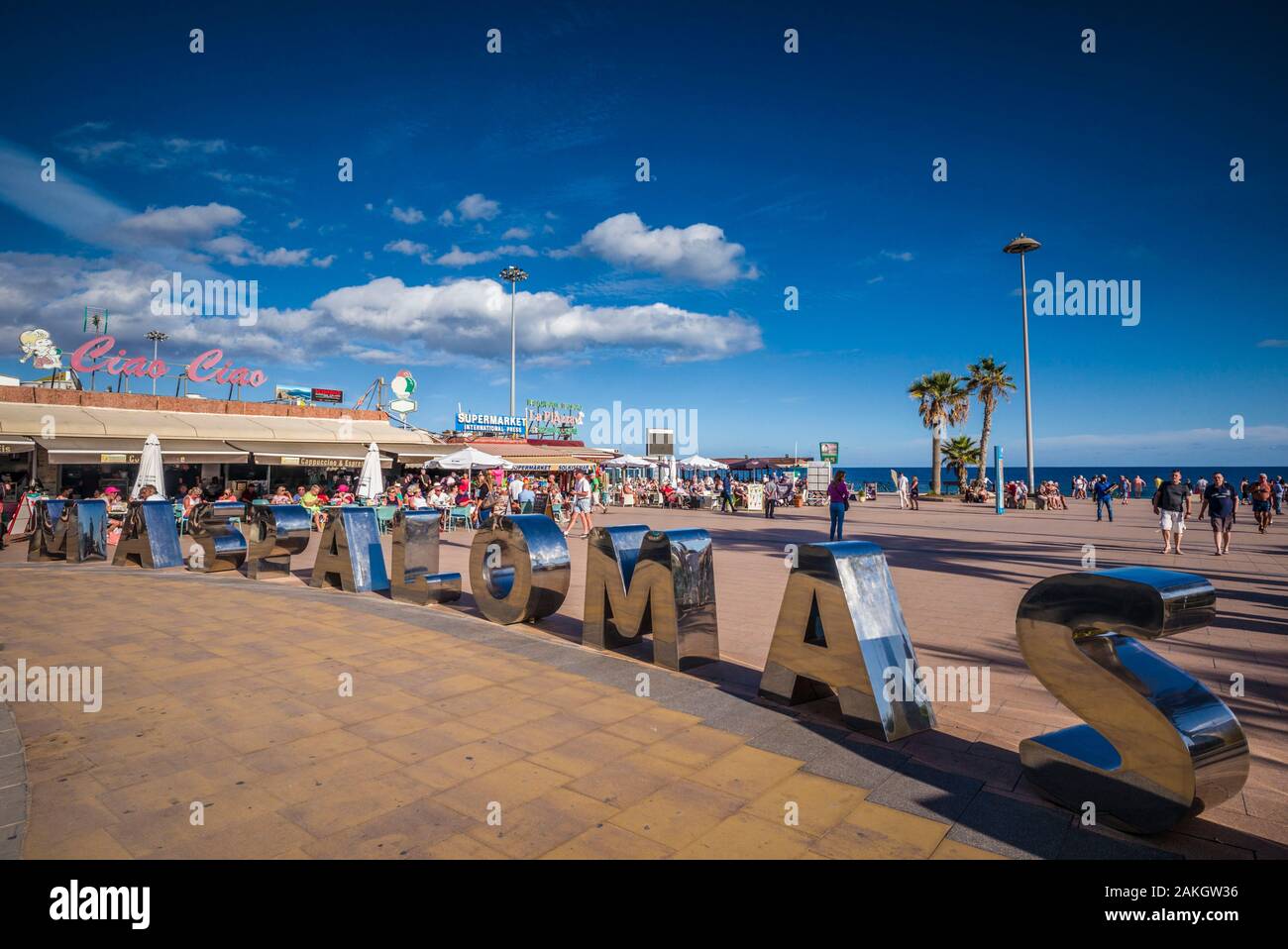 Spanien, Kanarische Inseln, Gran Canaria, Playa del Ingles, Beach Plaza, Playa del Ingles Strand in Maspalomas Stockfoto