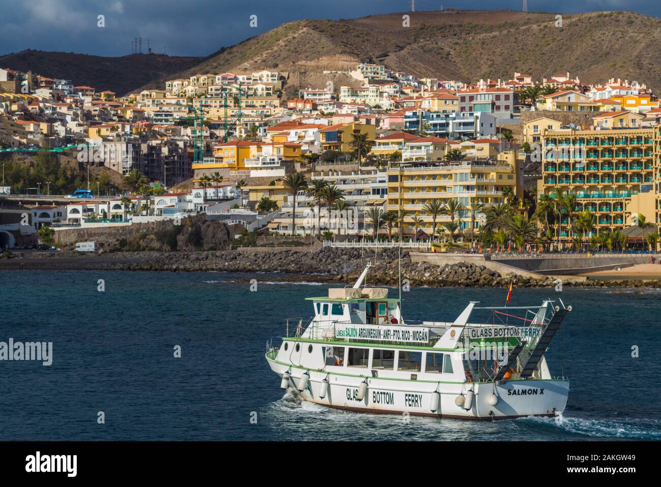Spanien, Kanarische Inseln, Gran Canaria, Playa Del Inglés, Kurort, Fähre Stockfoto