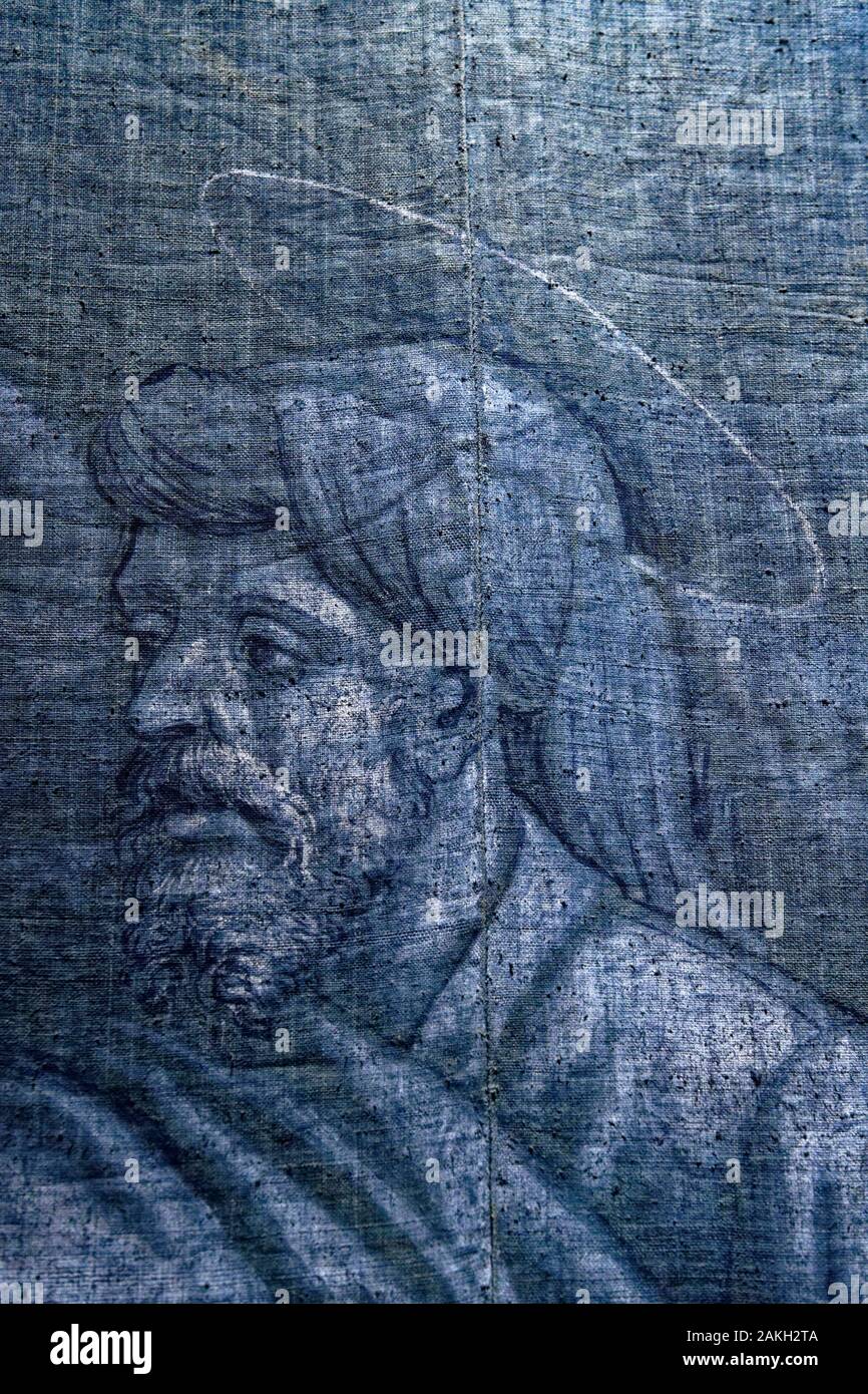 Italien, Ligurien, Genua, Museo Diocesano (Diözesanmuseum) im Kreuzgang der Kanoniker, Blau von Genua, Teli della Passione Sammlung, Genueser Maler die Passion Jesu im Jahre 1538 gemalt auf Leinwand textile in Indigo blau gefärbt und als Vorfahren der modernen Jeans betrachtet, Jesus begegnet den frommen Frauen (1538-1540) Stockfoto