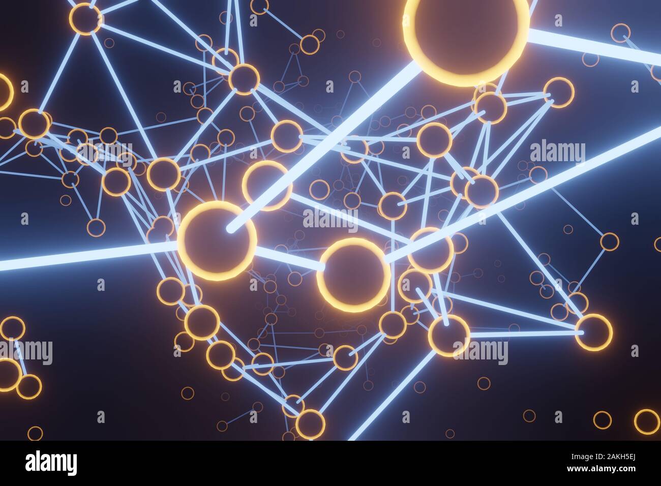 3D-Rendering unendliche Teilchen Abstraktion der Kommunikation im weltweiten Netz, die Suche nach der Kundenbeziehungen. Neon links mit Ringen. Stockfoto