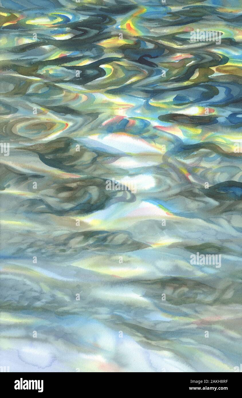 Sonnige Wasser mit transparenten Wellen Aquarell Hintergrund Stockfoto