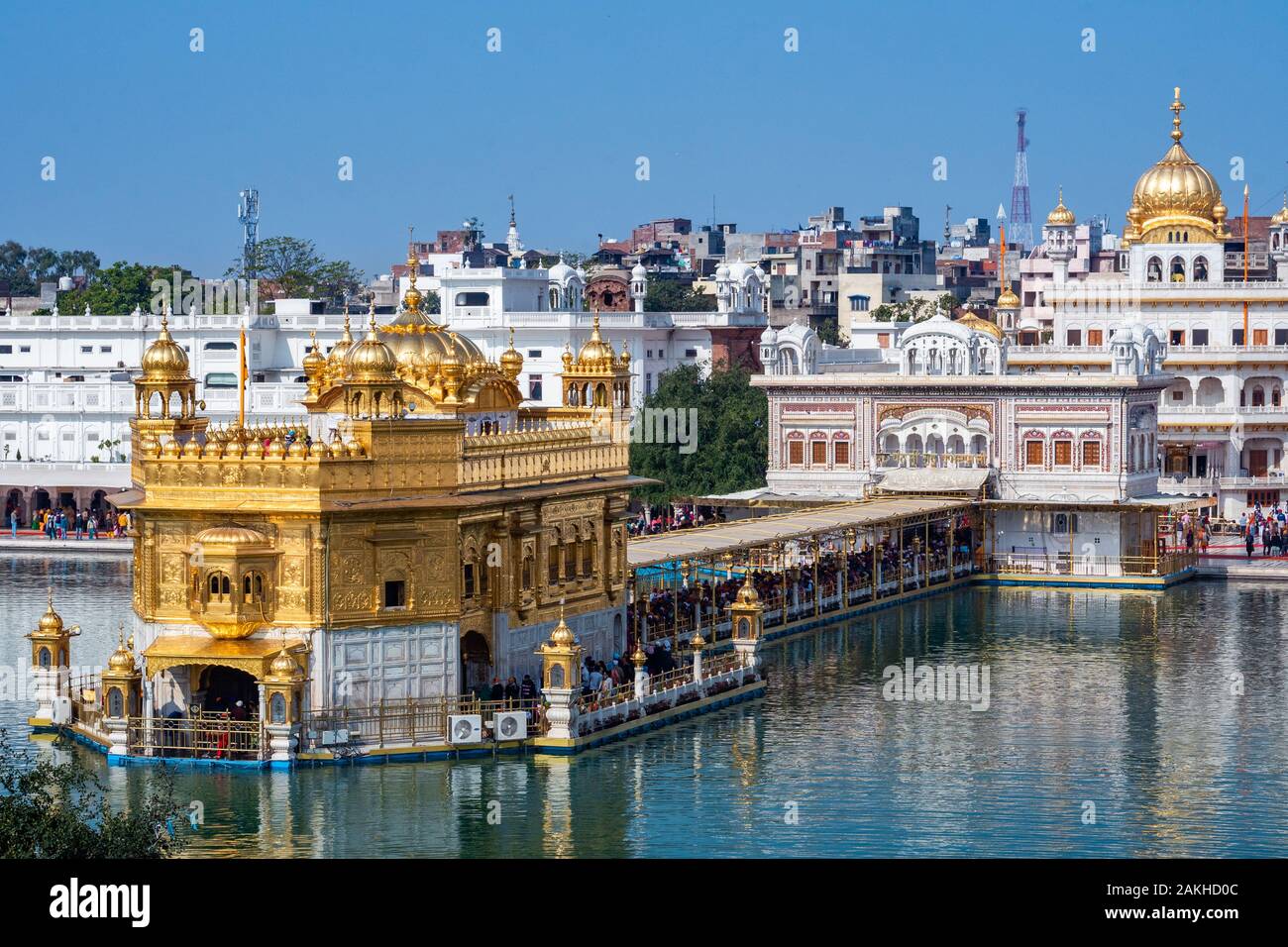 Harmandir Sahib, auch bekannt als die Goldene Tempel, dem wichtigsten Wallfahrtsort des Sikhismus, in Amritsar, Punjab, Indien. Stockfoto