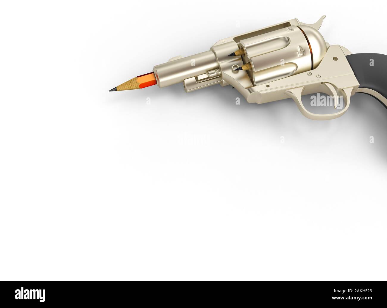 3D-Render Bild einer Waffe mit Bleistift statt Gewehrkugeln. Begriff der künstlerischen Kreativität. Stockfoto
