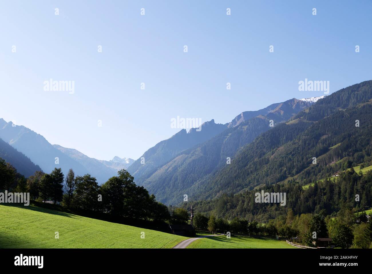 Ein Feldweg in Fuschtal (die Fuscher Tal) in der Nähe von Zell am See, Österreich. Die Hänge des Tals Berge sind stark von Tannen bewaldet. Stockfoto