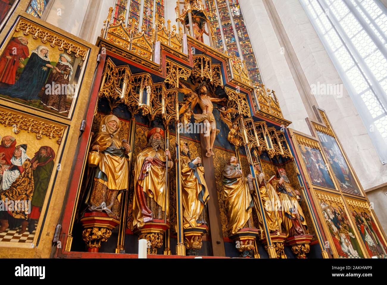 Rothenburg o.d. Tauber, Deutschland - Mai 9, 2019: Zwölf Apostel Altar der lutherischen St. James (Jakob) der Kirche, ein Teil der Pilgerweg nach St. J Stockfoto