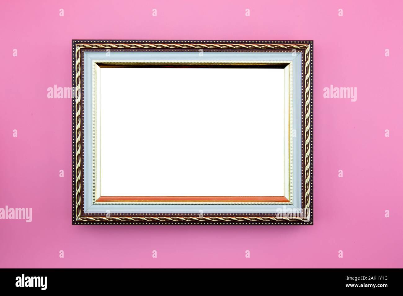 Gold Rahmen Foto oder Bild mit Kopie Raum auf rosa Hintergrund, Porträt image gallery. Stockfoto
