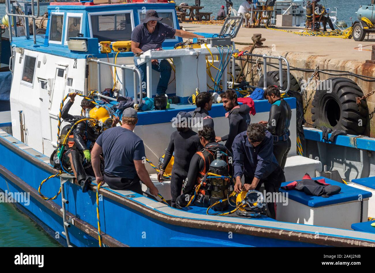 Hermanus, Western Cape, Südafrika. Dezember 2019. Professionelle Taucher Ausbildung, Studenten, die von einem Boot am Neuen Hafen in Hermanus. Stockfoto