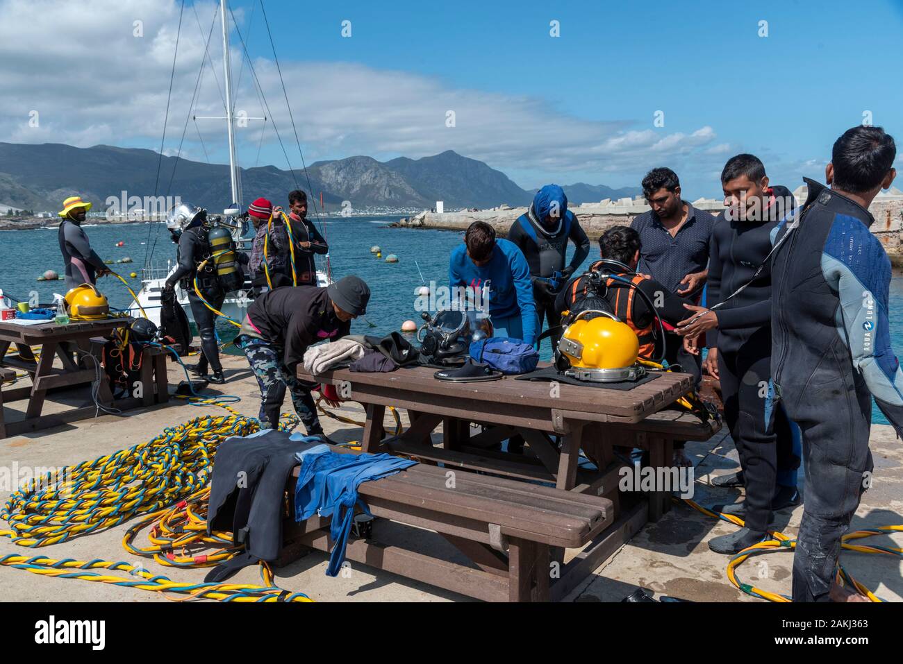 Hermanus, Western Cape, Südafrika. Dezember 2019. Professionelle Taucher Ausbildung, Studenten arbeiten am Neuen Hafen in Hermanus. Stockfoto