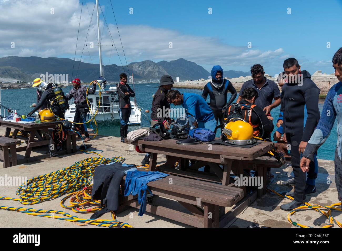 Hermanus, Western Cape, Südafrika. Dezember 2019. Professionelle Taucher Ausbildung, Studenten arbeiten am Neuen Hafen in Hermanus. Stockfoto