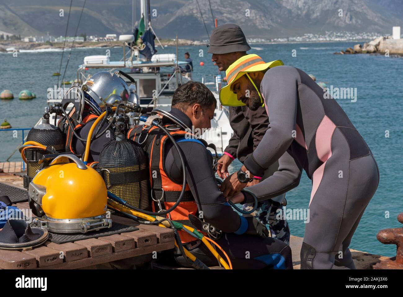 Hermanus, Western Cape, Südafrika. Dezember 2019. Professionelle Taucher Schulung, Vorbereitung junger Student Taucher vor dem Tauchgang. Stockfoto