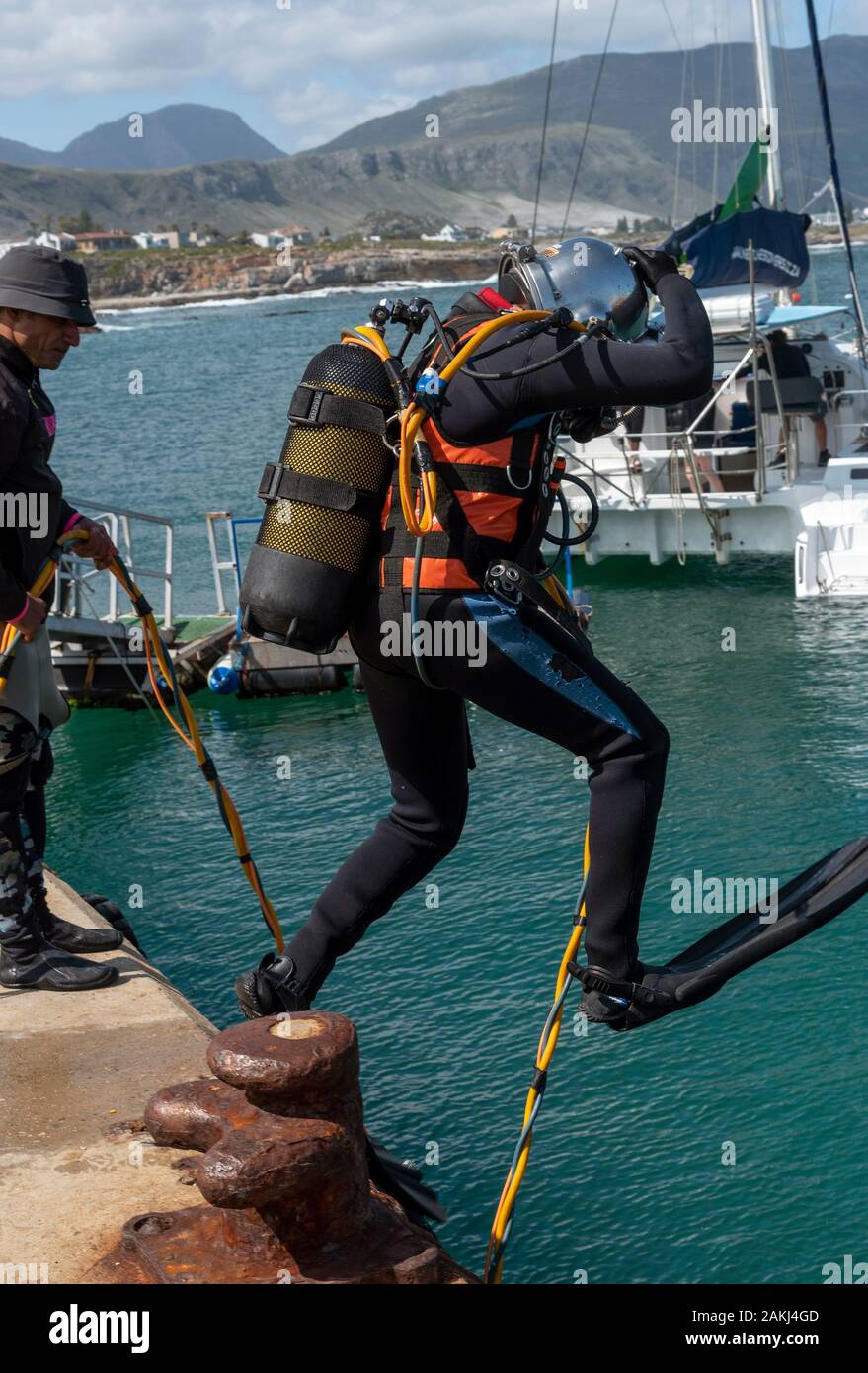 Hermanus, Western Cape, Südafrika. Dezember 2019. Professionelle Taucher Ausbildung. Student Taucher springt ins Meer in Hermanus, Südafrika Stockfoto