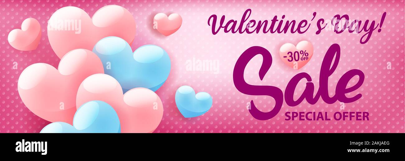 Valentines Tag Shopping verkauf Einladung Werbung Banner mit rosa Herzen auf blauem Hintergrund, Vector Illustration. Stock Vektor