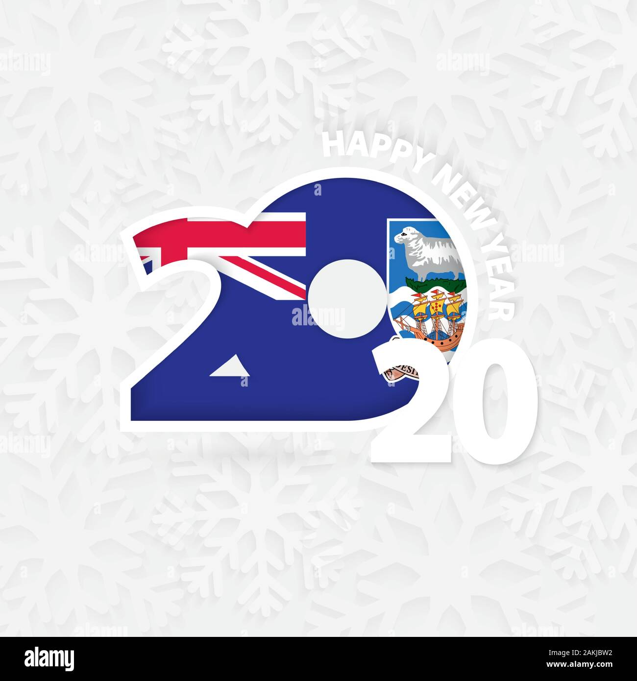 Frohes Neues Jahr 2020 mit Flagge der Falklandinseln auf Schneeflocke Hintergrund. Gruß Falkland Inseln mit Neuen 2020 Jahr. Stock Vektor