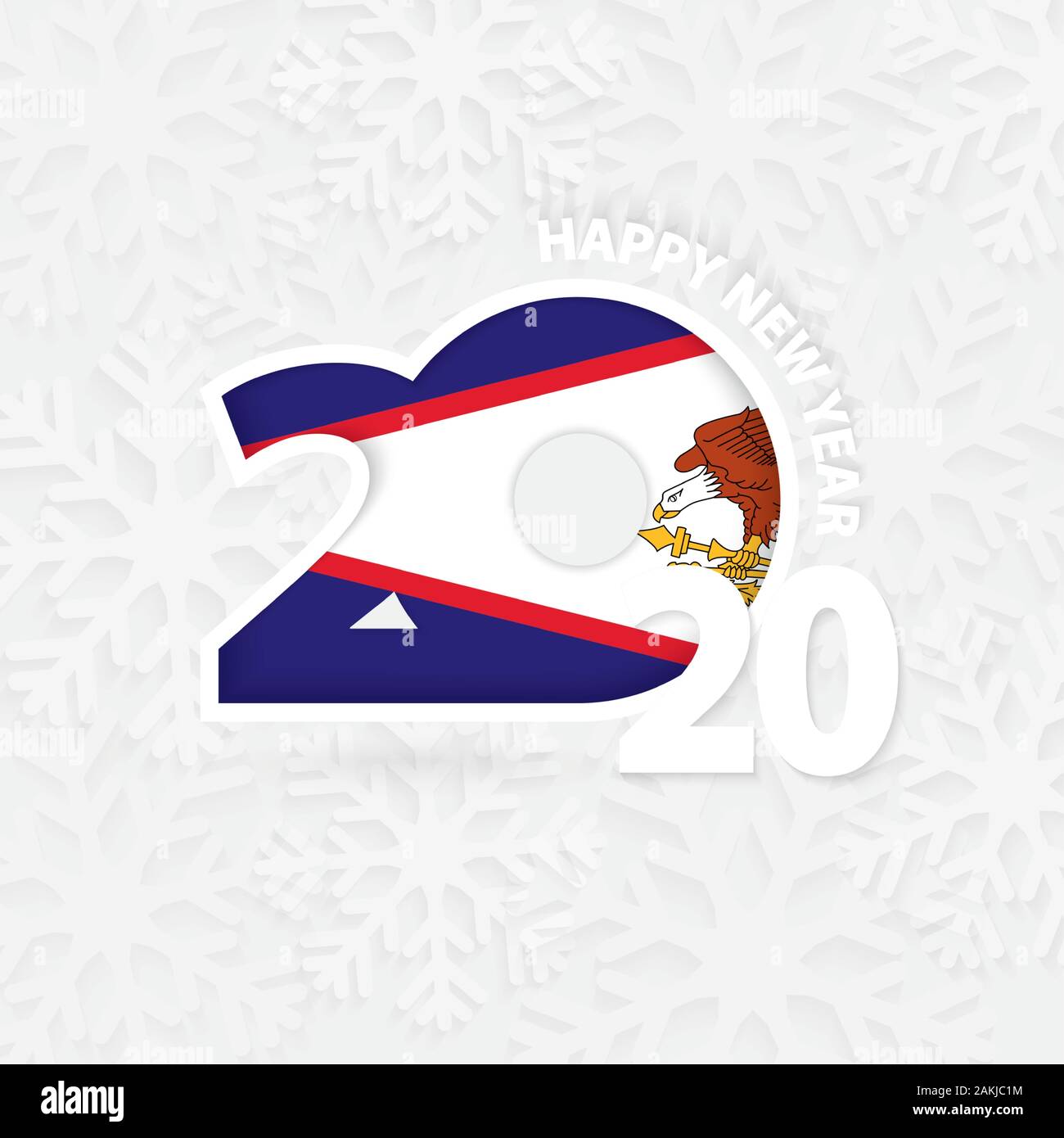Frohes Neues Jahr 2020 mit Flagge Amerikanisch Samoa auf Schneeflocke Hintergrund. Gruß American Samoa mit Neuen 2020 Jahr. Stock Vektor
