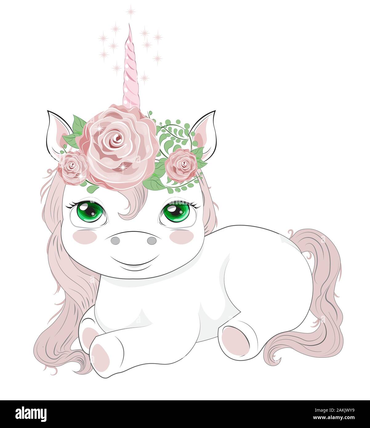 Einhorn mit grünen Augen und rosa horn Rosen Blumen. Bild in der Hand Zeichnung Cartoon Stil, für t-shirt fashion Print Design, Grußkarte, post Stock Vektor