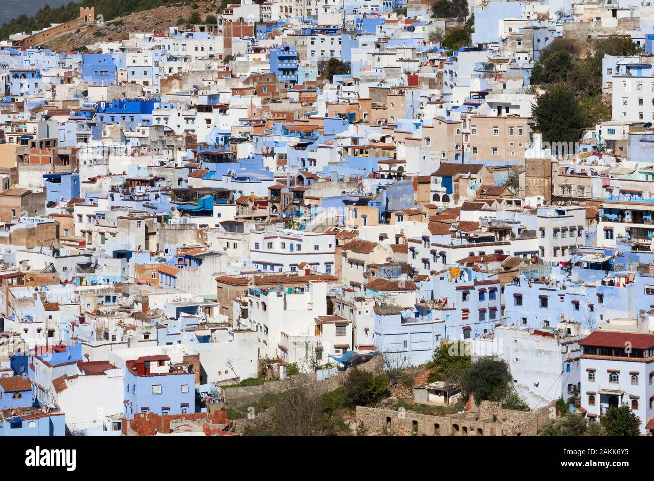 Dichte Stadtentwicklung von Chefchaouen (auch Chaouen genannt), Marokko Stockfoto