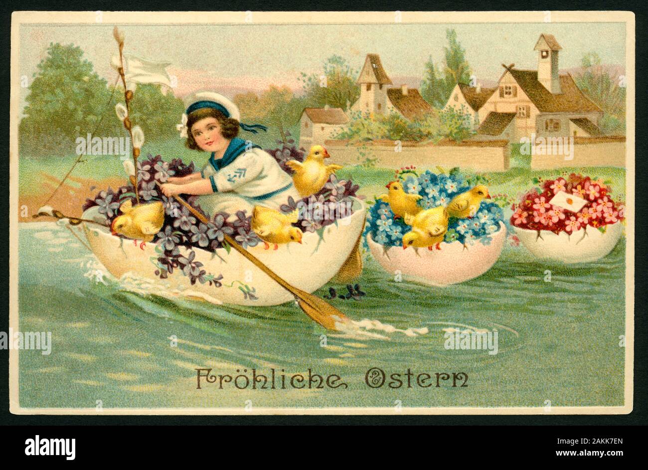 Europa, Deutschland, Pommern, Stettin, Osterkarte, Text: "Fröhliche Ostern", Matrosin rudert blumengeschmückte halbe Eier, Aufnäher wurde verschickt am 18. 04. 1919, Stettiner Poststempel, Verlagsangabe: G.G.K. Nr. 840, keine Angaben zum Künstler. / Europa, Deutschland, Pommern, Stettin, Ostern Karte, Text: "Frohe Ostern", weiblichen sailor Paddel in halbe Eier mit Blumen geschmückt, Postkarte geschickt 18. 04. 1919, post Stempel aus Stettin (heute Szczecin), Publishing House Informationen: G.G.K. Nein, 840, keine Informationen über den Künstler. Stockfoto