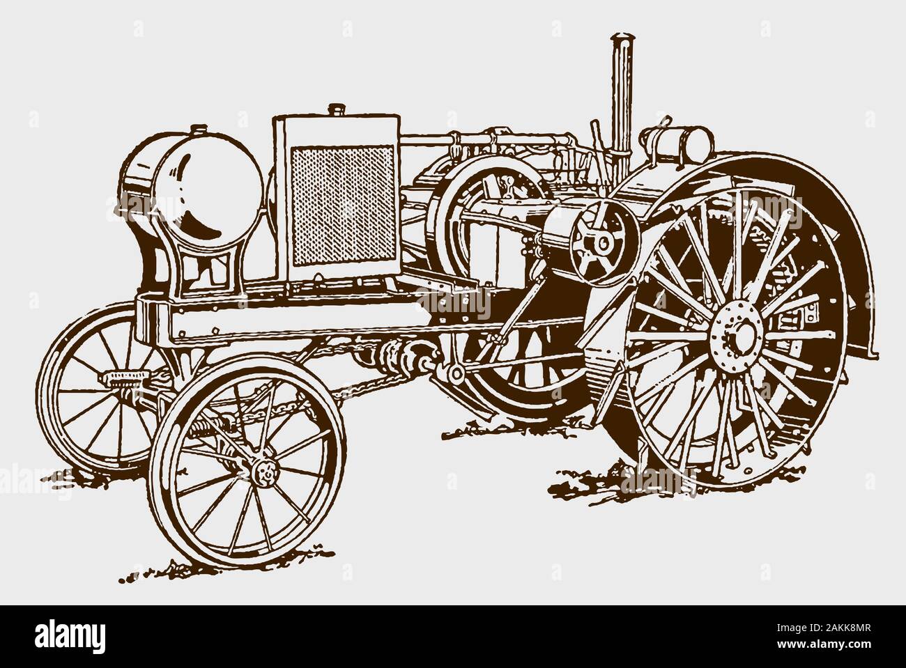 Historische Kerosin Traktor in drei Viertel der Vorderansicht. Abbildung: Nach einem Stich aus dem frühen 20. Jahrhundert Stock Vektor