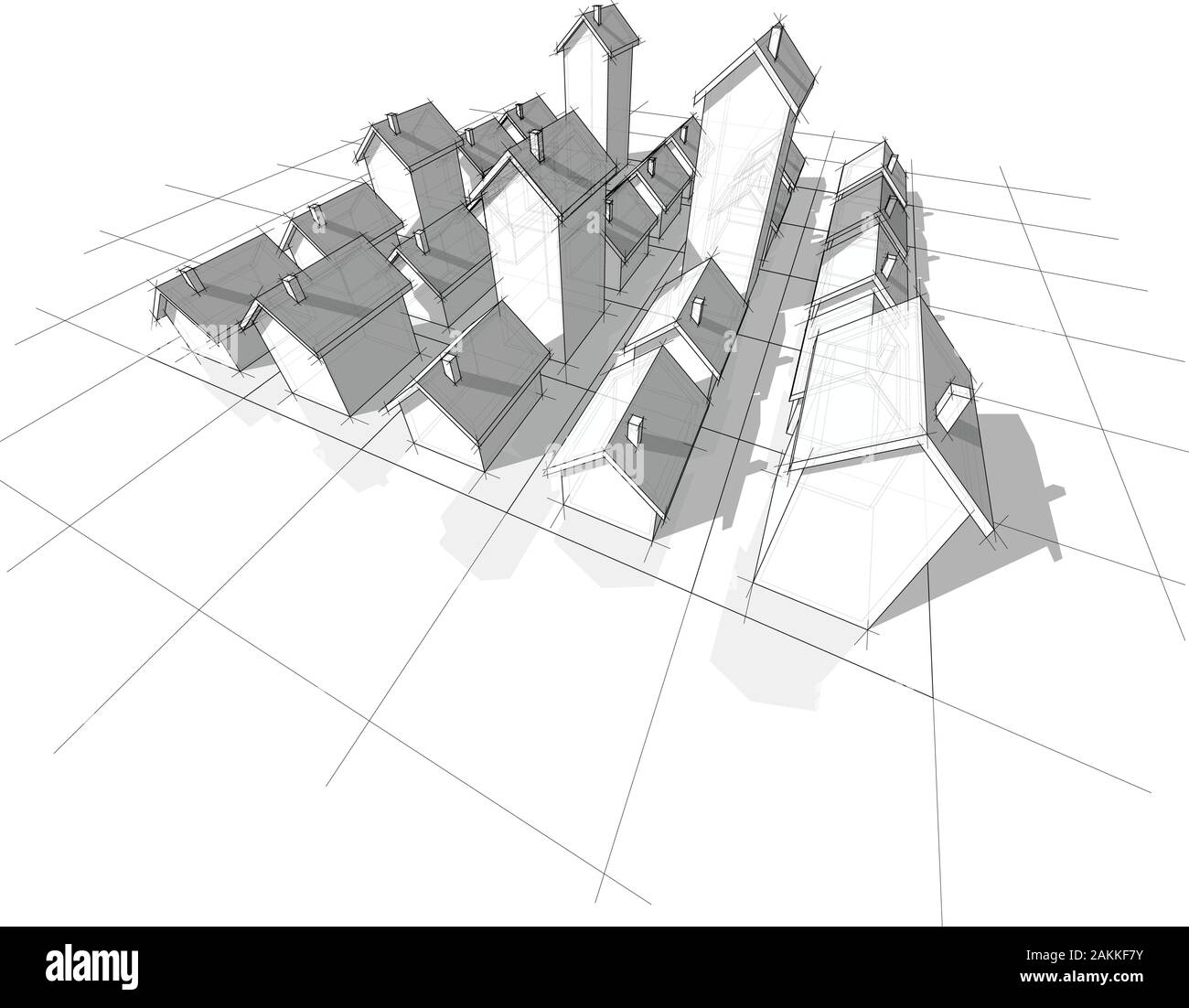 Bereich der Zwanzig fünf transparenten, einfachen freistehende Häuser mit verschiedenen Höhe auf rechteckigen Raster aus Quadraten Stock Vektor