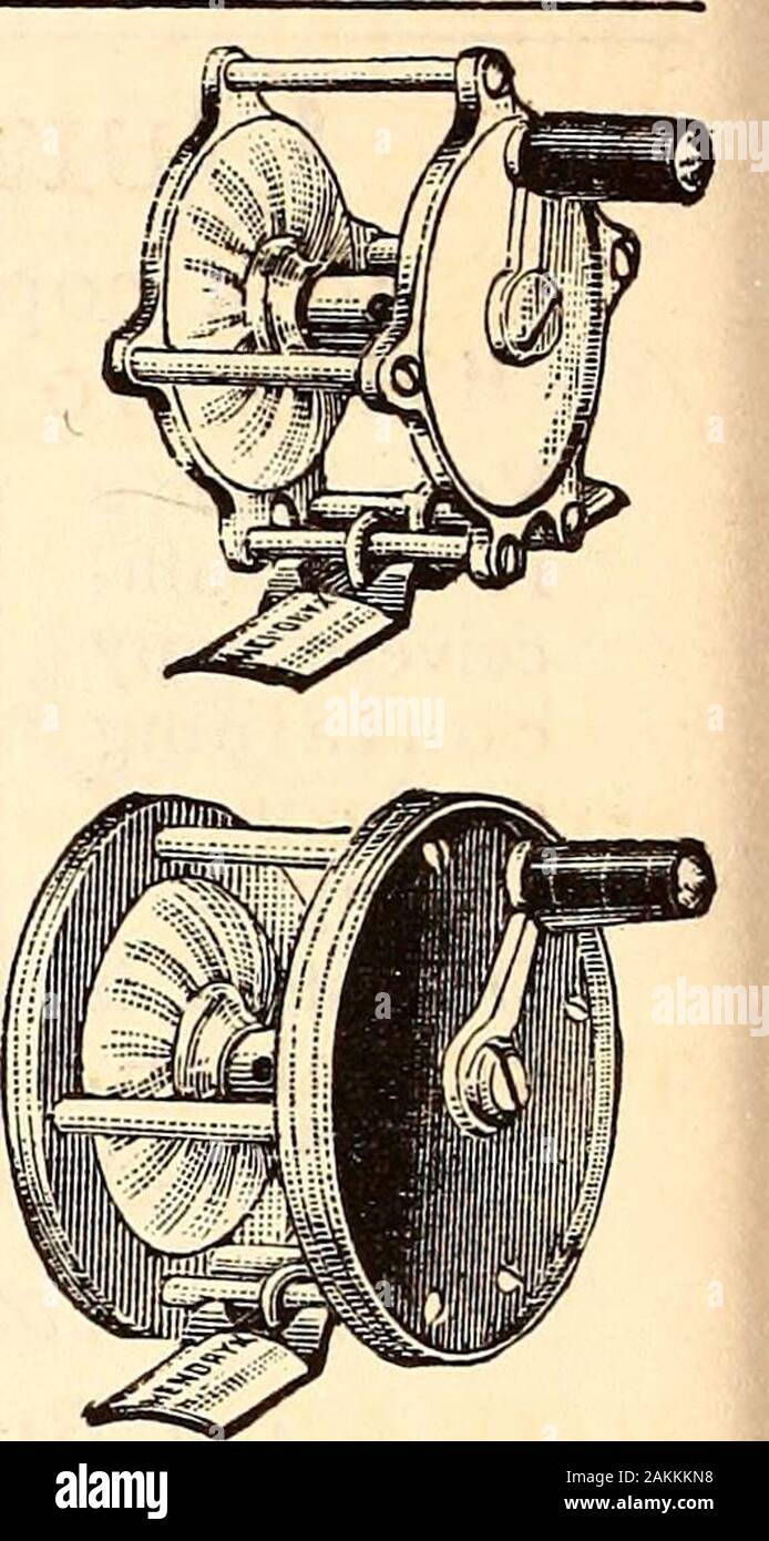 Das Jahrhundert illustrierte Monatszeitschrift. Macht zweihundert und dreißig - sieben verschiedene Stile ofFISHING Kiele in Größen von 25 bis drei hundredyards. Alle Arten und Größen von Bündig Griff, Gummiplatte andMultiplyers sind geschraubt Rollen konstruiert mit Austauschbarem Teile derselben als Gewehr oder Nähmaschine Teile. OurREELS sind mit verbesserten automatischen Maschinen, operatedby die besten Fachkräfte, und überlegen sind in Bau, und andFinish sind unbestritten die beste Linie der Bandspulen gemacht. Preise von 25 Cent auf 10,00 $. Alle erstklassigen Händlern sellthem. Für unseren Katalog senden, ein Stockfoto