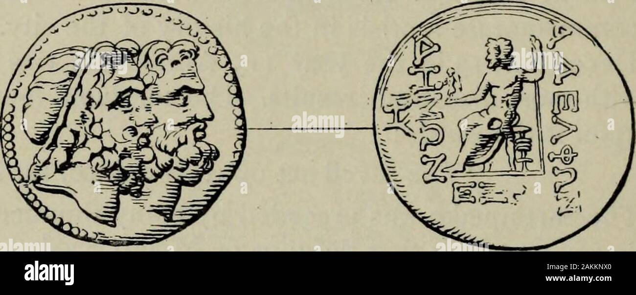 Zeus: Eine Studie in der Alten Religion. Abb. 996. Abb. 997. Nikatcr in seiner ersten Regierungszeit (146 - 140 B.C.) -^ und Antiochos Grypos viii (121 - 96 v. Chr.), der vom Regal auf die autonomen Prägung der Stadt, wir haben für die coinsstruck tetrdpolis^ von antiocheia von Daphne, in Seleukeia Pieria, Apameia, und Laodykeia (149 - 147 v. Chr.) mit einem Kopf des Zeus als obverseand ein thunderbolt als Reverse Typ^, oder mit zwei Zeus - wie Köpfe - probablymeant Für die Demen von Antiocheia und Seleukeia - als Vorderseite und Zeus throned en-, Nike in der einen Hand ein Zepter in der Anderen, der rückwärtsgang Typ (Abb. 997) ^. Die autonomen Ausgaben o Stockfoto