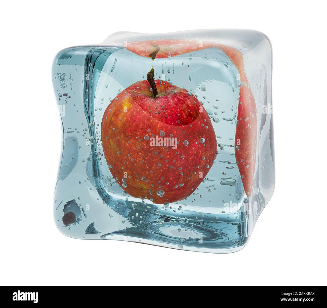 Apple eingefroren in Ice Cube, 3D-Rendering auf weißem Hintergrund Stockfoto