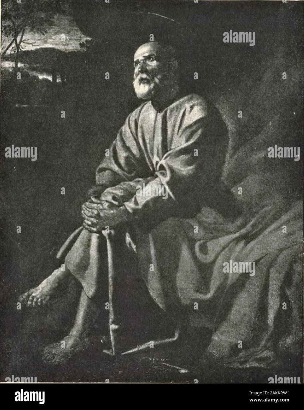 Velazquez. Ste. Cest à cette période, bien que je Sois porté àcroire ((uil fut Peint unpeu auparavant, quappar-Tient un autre taljleau re-ligieux représentant St-pierre Ailly sur un rochreet Levante les Yeux au Ciel, les mains de lapôtre sontcroisées au-dessous dn ge-nou gauche, et auf Entre-Voit ses pieds nus soussa Tunique. elazquez seservit comme modèle pourcette Abbildung, (PAE est un peu * Grande rpie Natur, Dun paysan auvisage et aux uuiins brûlés par le Soleil et à la luuseulaliire [luissantc.]. Eine Figur du Saint se détache sur le Fond düstere dune Grotte ptu Len-trée de hupielle auf Ap Stockfoto