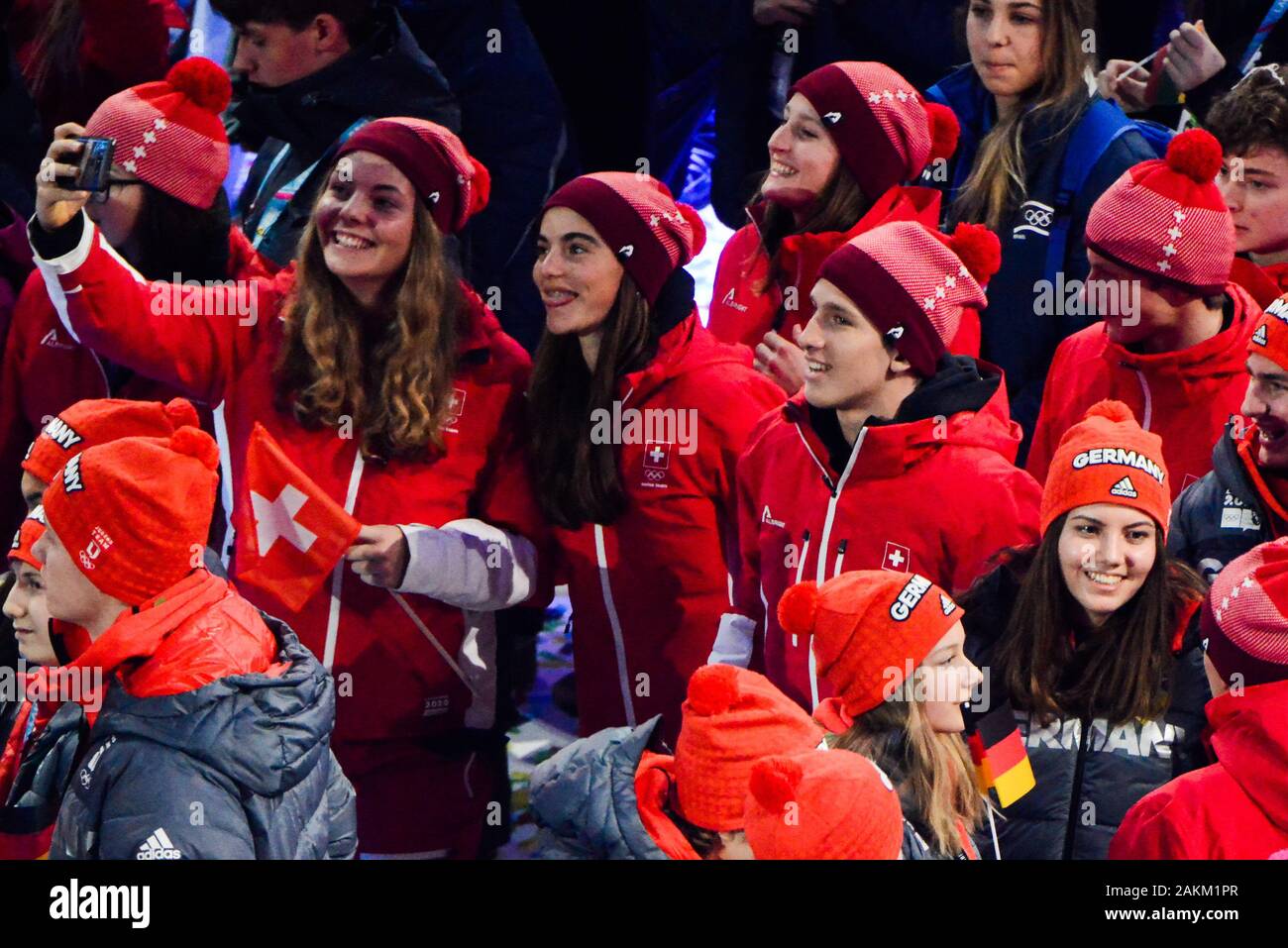 Lausanne, Schweiz. 9 Jan, 2020. Sportler bei der Eröffnungsfeier der Olympischen Spiele 2020 in Lausanne in der Schweiz. Quelle: Christopher Abgabe/ZUMA Draht/Alamy leben Nachrichten Stockfoto