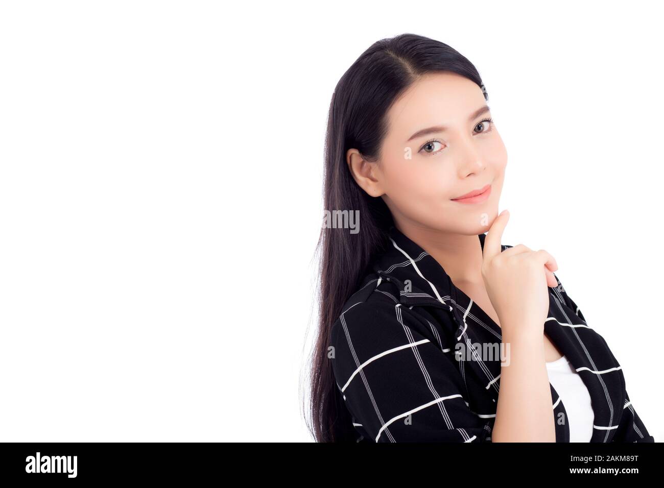 Porträt der schönen Frau asiatische Make-up von Kosmetik-, Mädchen Hand tippen Sie auf Kinn und Lächeln attraktiv, angesichts der Schönheit perfekt mit Wellness auf Pfingstmontag isoliert Stockfoto