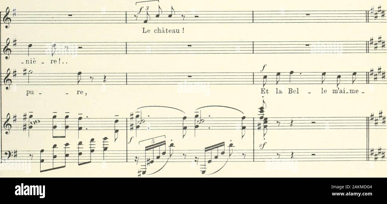 La Forêt bleue; Conte lyrique en 3 Actes, d'après Les Contes de PerraultPoëme de Jacques ChenevìerePartition pour chant et piano réduite par l'auteur.de * ^F-LR - W-î? ?-^* & j3X^i t5?v Pendant Les Dernières paioles du Prince, Les ai-bres Du Fond se sind ecarteslentement. Auf aperçoit dans le lointain Le Château de la Belle au Bois Dormant. h a Petit Poucet^ animaut et en augmentant toujours Rh.^- j?Vl, J! Jii.| lJ J I Regar.de, Chaperon-Rouge J.^^^ leP. +-----?-f "^pF r TT mant Ein fer. Mir sapau. schnellfüßige Achilles Re..b^i-En animant et en augmentant toujours i8 i i CHAPERON-ROUGE ich.&gt; ii Uif^ Le Stockfoto