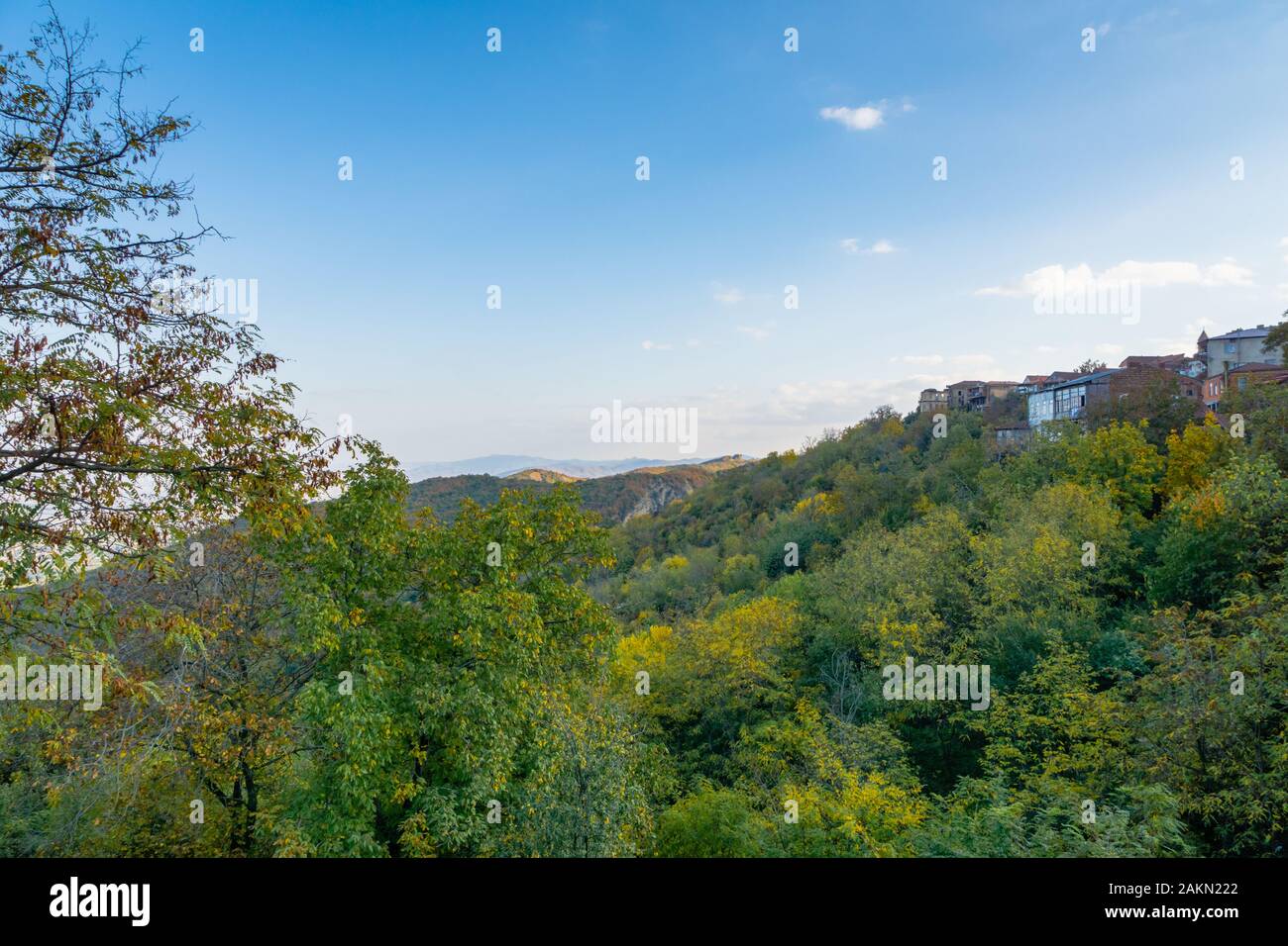 Herbstblick auf die Kakheti-Region von Georgia. Herbstlaub und Bäume in der Stadt Sighnaghi. Stockfoto