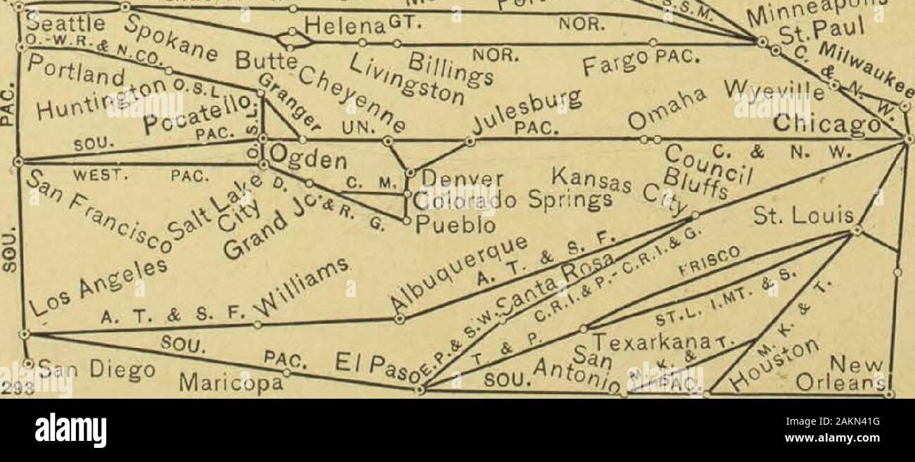 40 Wege und mehr zum Kalifornien Ausstellungen über die Chicago und nordwestliches Linie. Chicago El Paso Texarkana St. Louis Chicago El Paso Houston oder San Antonio St. Louis Chicago El Paso Ft. Worth St. Louis Chicago El Paso New Orleans Chicago Emerson^5 t. Pao. 293 Maricopa San Diego kann ohne Aufpreis mitgeliefert werden, es sei denn, Re - Drehen über Route I. aber wenn Abstecher ist die gewünschte Bestimmung thereformust m durch Ticket zum Zeitpunkt des Verkaufs erfolgen. Zurück über Route 1, Gutscheine können von San Francisco nach Los Angeles über Sou. Pac bereitgestellt werden. und A. T. U. S. F. nach San Diego, wieder gleiche Ro Stockfoto