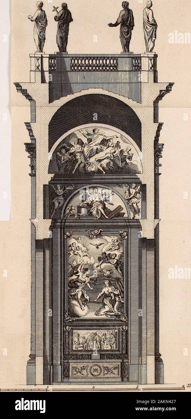 Beschreibung des chateaux et Parcs de Versailles, de Trianon, et de Marly: Contenant une explication Historique de toutes les Peintures, Tableaux, Statuen, Vasen & ornemens qui s'y voyent; leurs Dimensionen;&les noms de Peintres, sculpteurs De & des Graveurs qui Les ont faitsEnrichie de Zahlen en Taille douce. n Voit en-deux petits Anges nicht Wortspiel le Montre] à Lautre, ôcils admirent Tous la force aveclaquelle le Saint Hof au Martire. Saint Simon Cananéen ouïe Zélé, eftpeint dans la Huvé de cette Tribüne qt | eft au deiïus de la Chapelle de la Vierge* Ce Saint eft à genoux Fell des Nuage Stockfoto