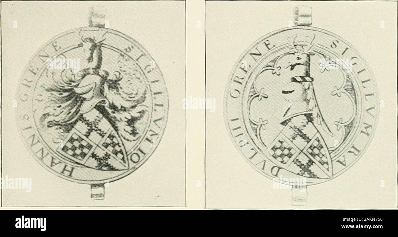 Die Greene Familie und ihre Zweige von A.D 861, A.D 1904. -, Der jüngste Sohn von Sir Henry, wir wissen nicht mehr. Er probablydied in einigen der Kriege der blutigen Centurv -, sie hinterließen keine Kinder. Thomas, der dritte Sohn, der Vater war der Gillingham Greenes.. Dichtung von John Greene Dichtung von Ralph Greene und Dravtou Drayion Mauduif Arme und Mandiiit Anns 1 3 X.f / ---------_Seal von Ralph Greene Greene und Mandiii/Arme DICHTUNGEN DER SÖHNE DER ENTHAUPTETE SIR HENRY GREENE iPhotidmtihca iruhi HalsUuirs Gcni. (h "jii 13 tninUd SZ) Stockfoto