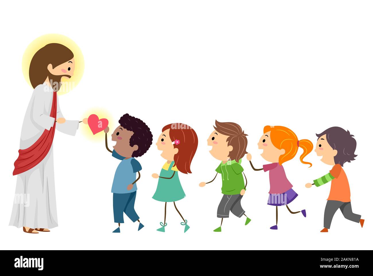 Abbildung: Stickman Kinder zu Jesus Christus und das Geben oder Empfangen von Herzen läuft Stockfoto