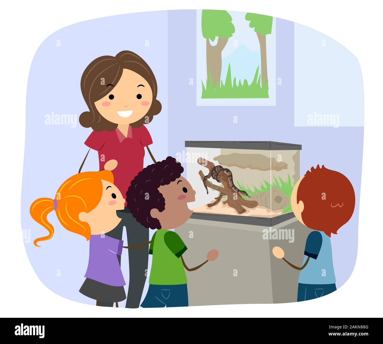 Abbildung: Stickman Kinder und Lehrer an einer Reptile Terrarium Suche mit einer Schlange im Inneren Stockfoto