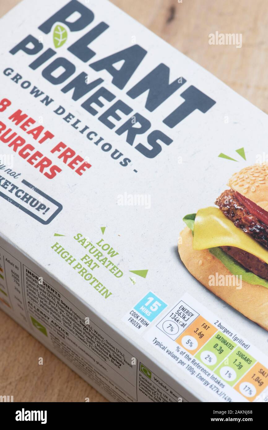 Die Pioniere. Auf Basis pflanzlicher Nahrung. Fleisch frei Burger vegan Produkt. Großbritannien Stockfoto