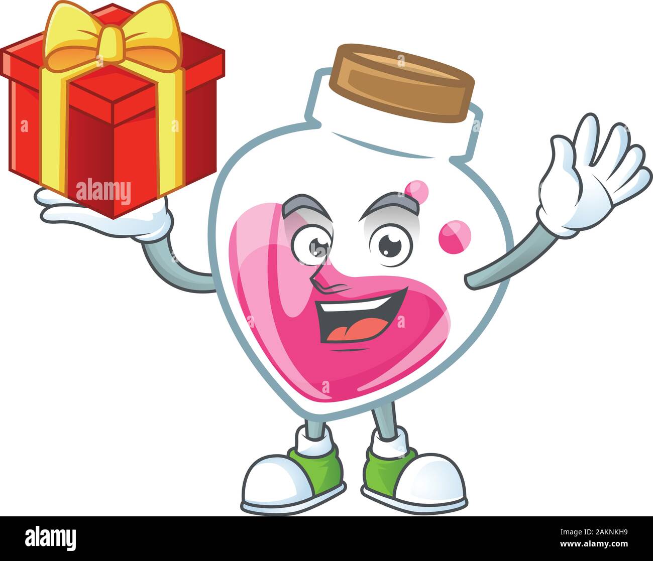 Happy Face rosa Trank cartoon Charakter, der eine Box mit Geschenk Stock Vektor